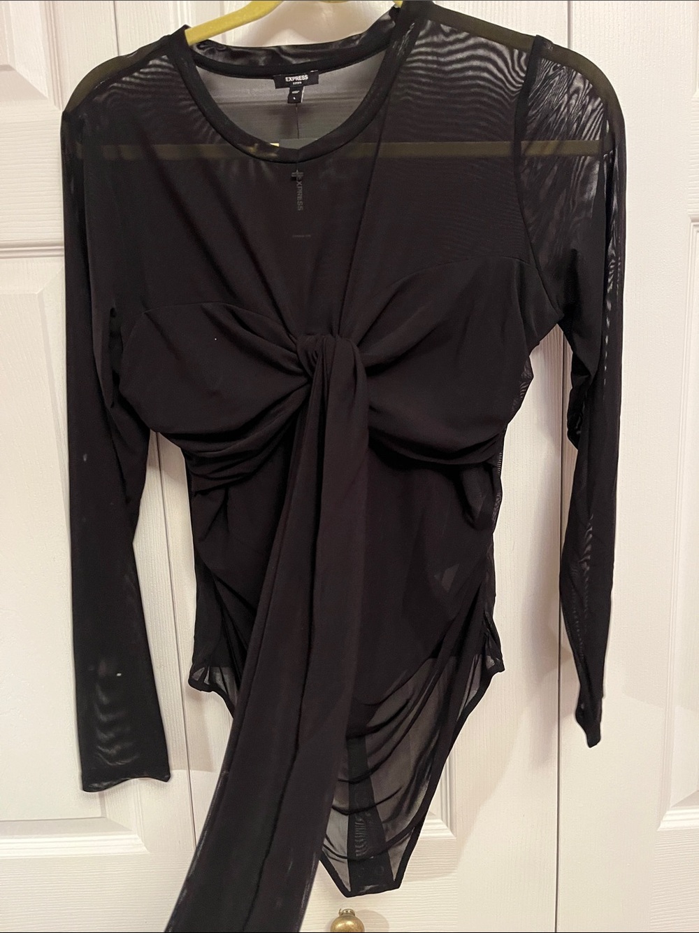 Express Black Sheer Long-Sleeve Tie-Front Bodysuit Top